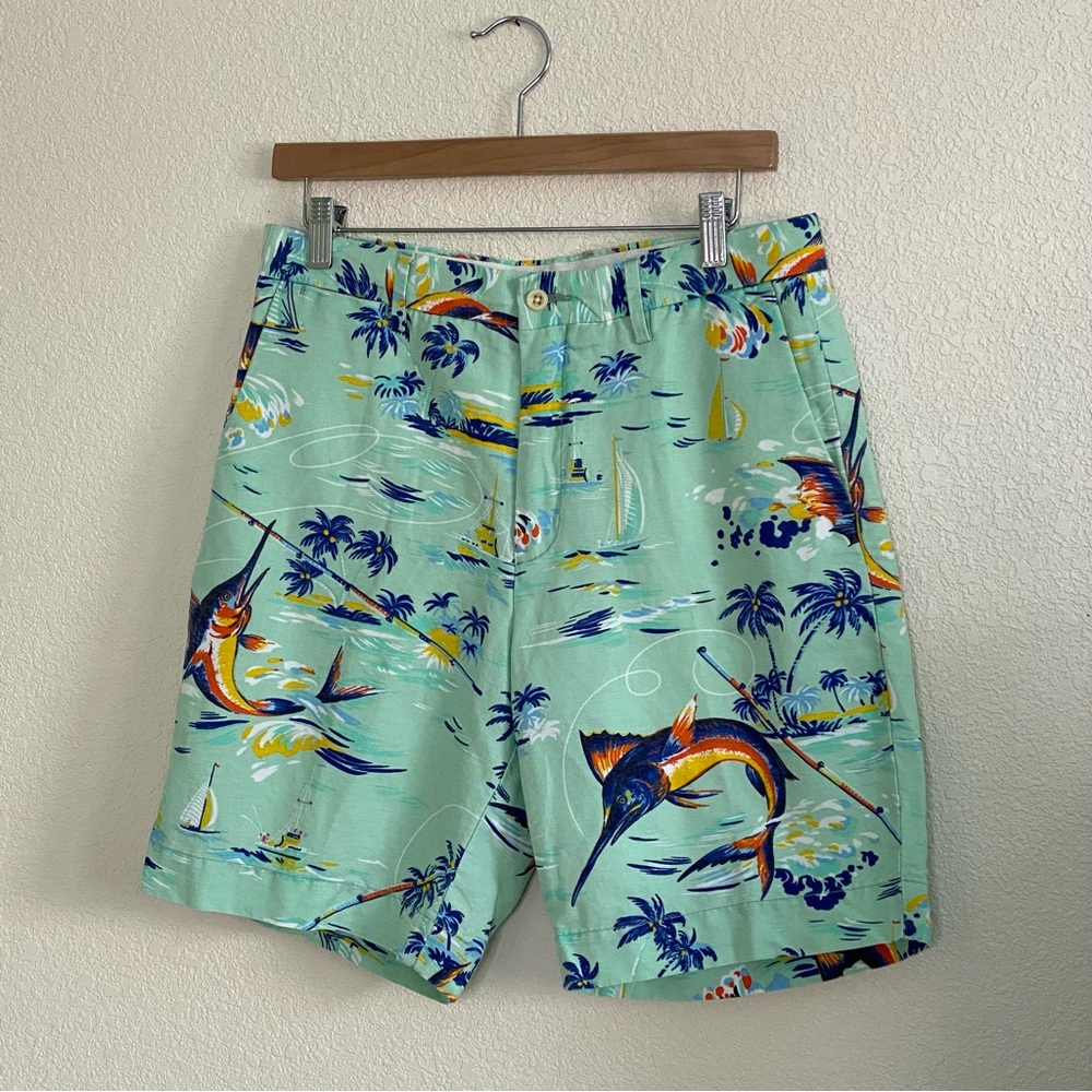 Polo Ralph Lauren 31 Linen Blend Mint Green print Short Marlin Fish Tropical 7”